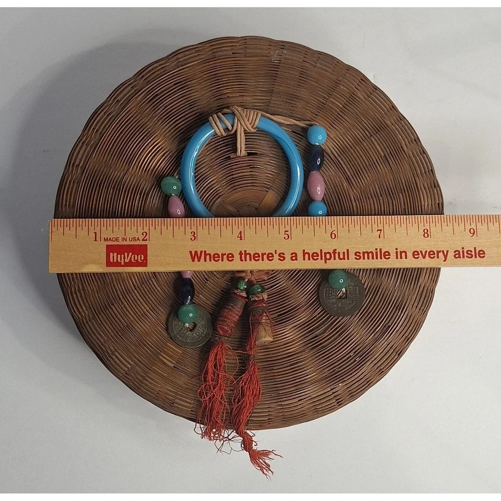 Vtg Chinese Sewing Basket Coins Glass Beads Tassels